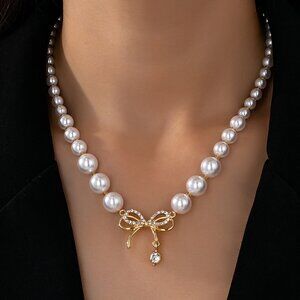 3/$35 Elegant Pearl Beaded Necklace Gold Bow Pendant & Crystal Charm Classic